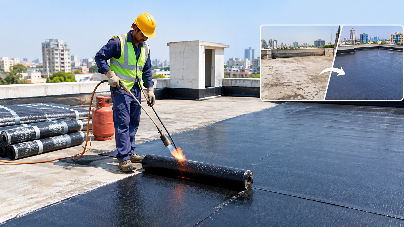 APP bitumen membrane sheet being heat-fused with a gas torch