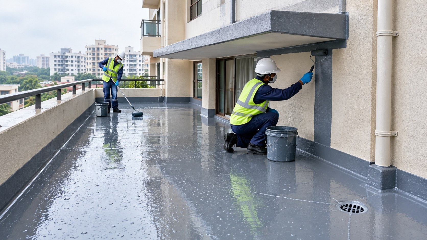 Balcony and chajja slab being waterproofed against monsoon water