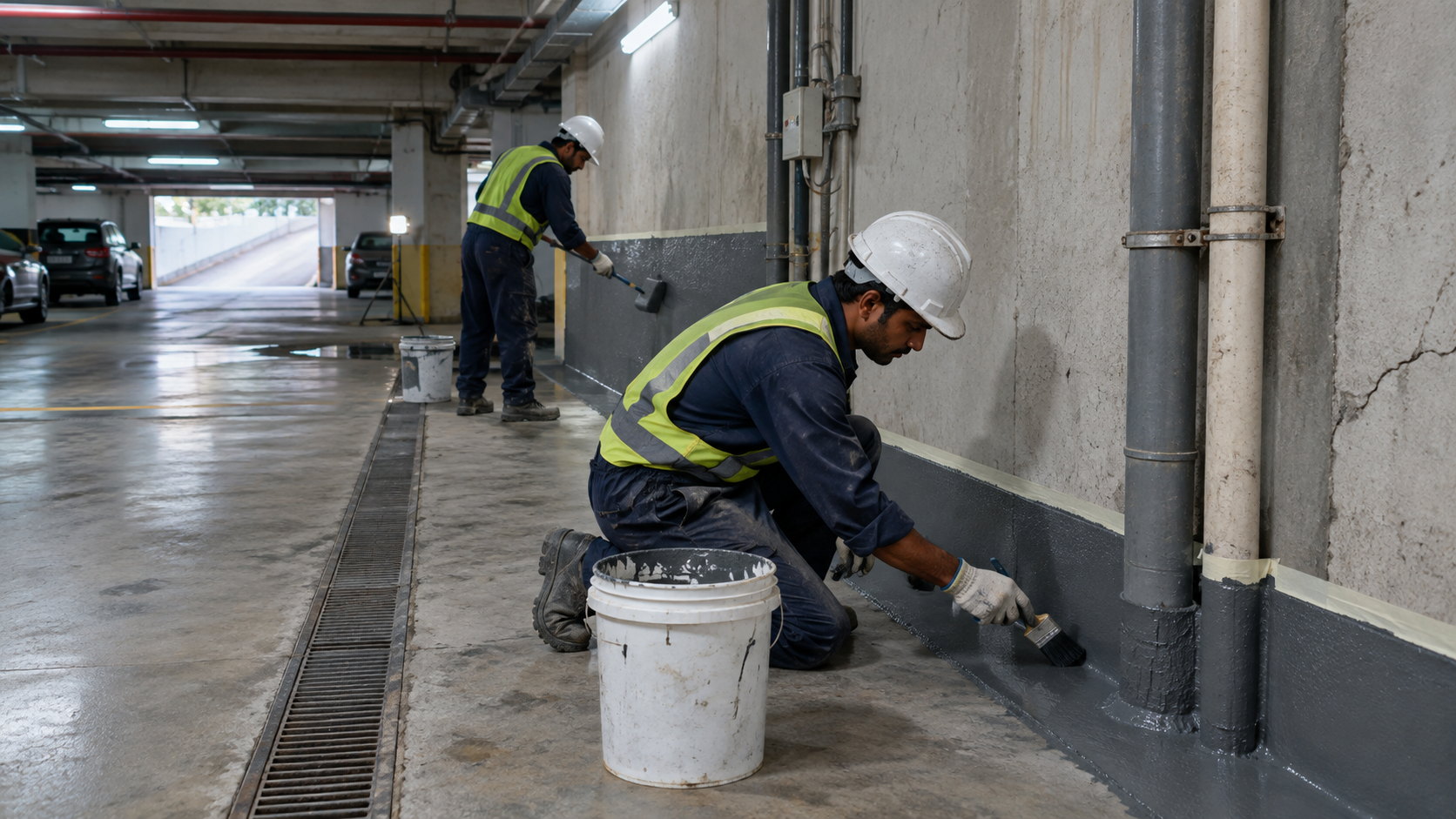 Aqua Shield applicators brush-coating a basement wall and floor junction in a parking area