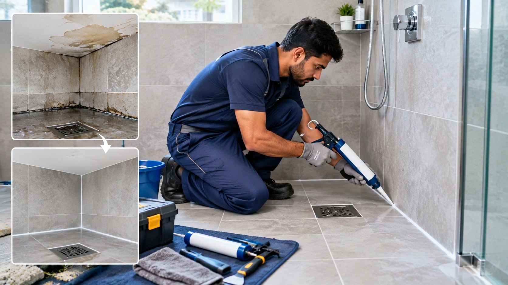 Bathroom floor and wall being treated to stop internal leakage