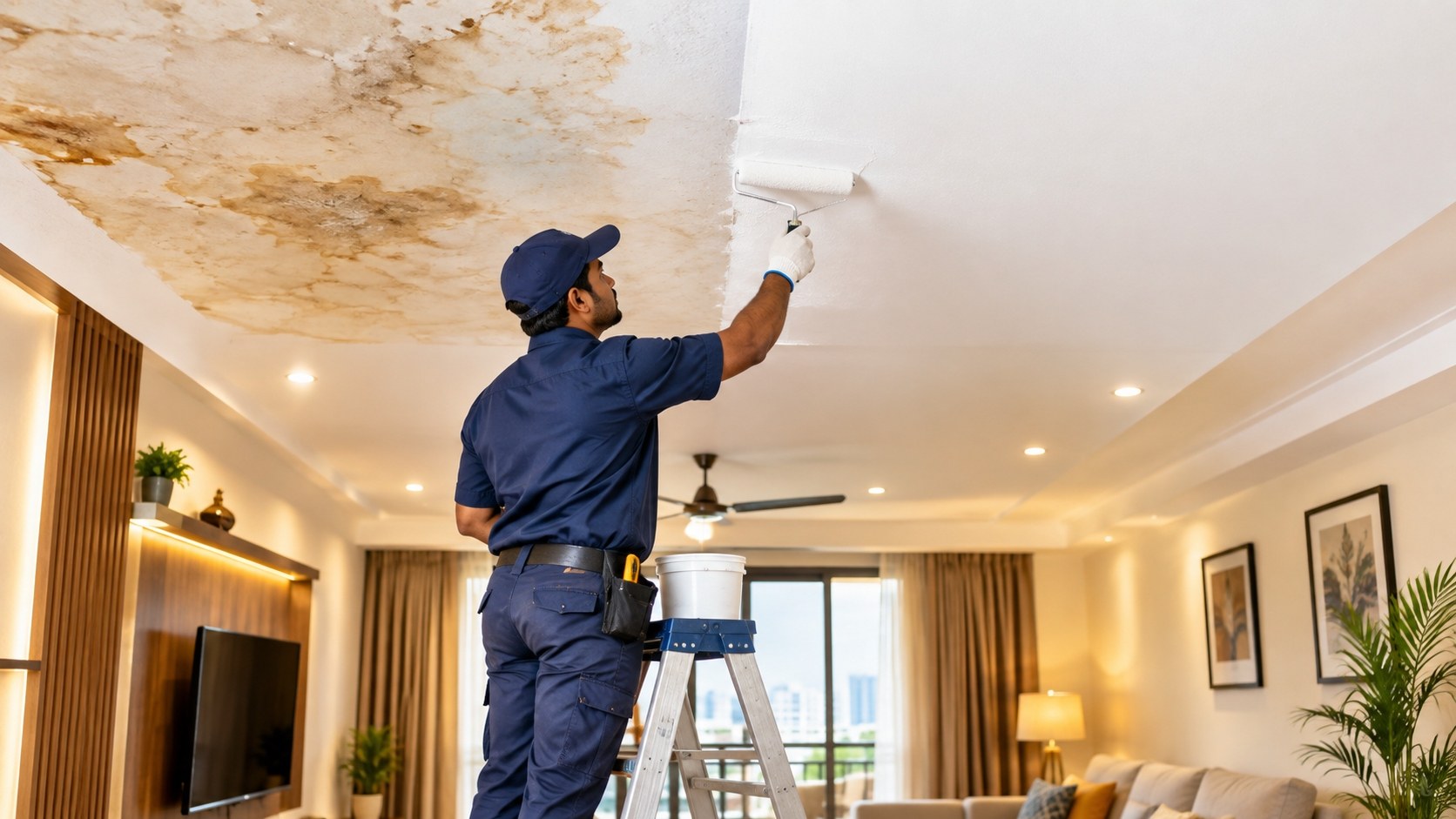 Damp ceiling patch being inspected and treated for seepage