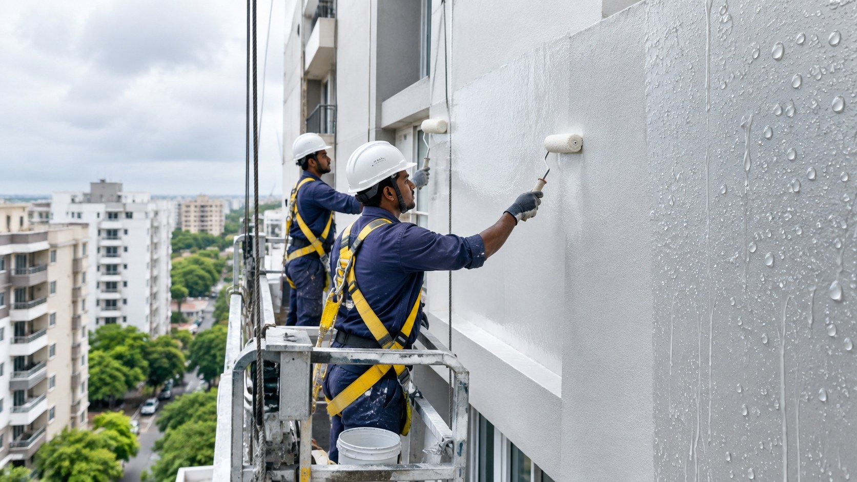 Weatherproof coating being applied to an external building wall