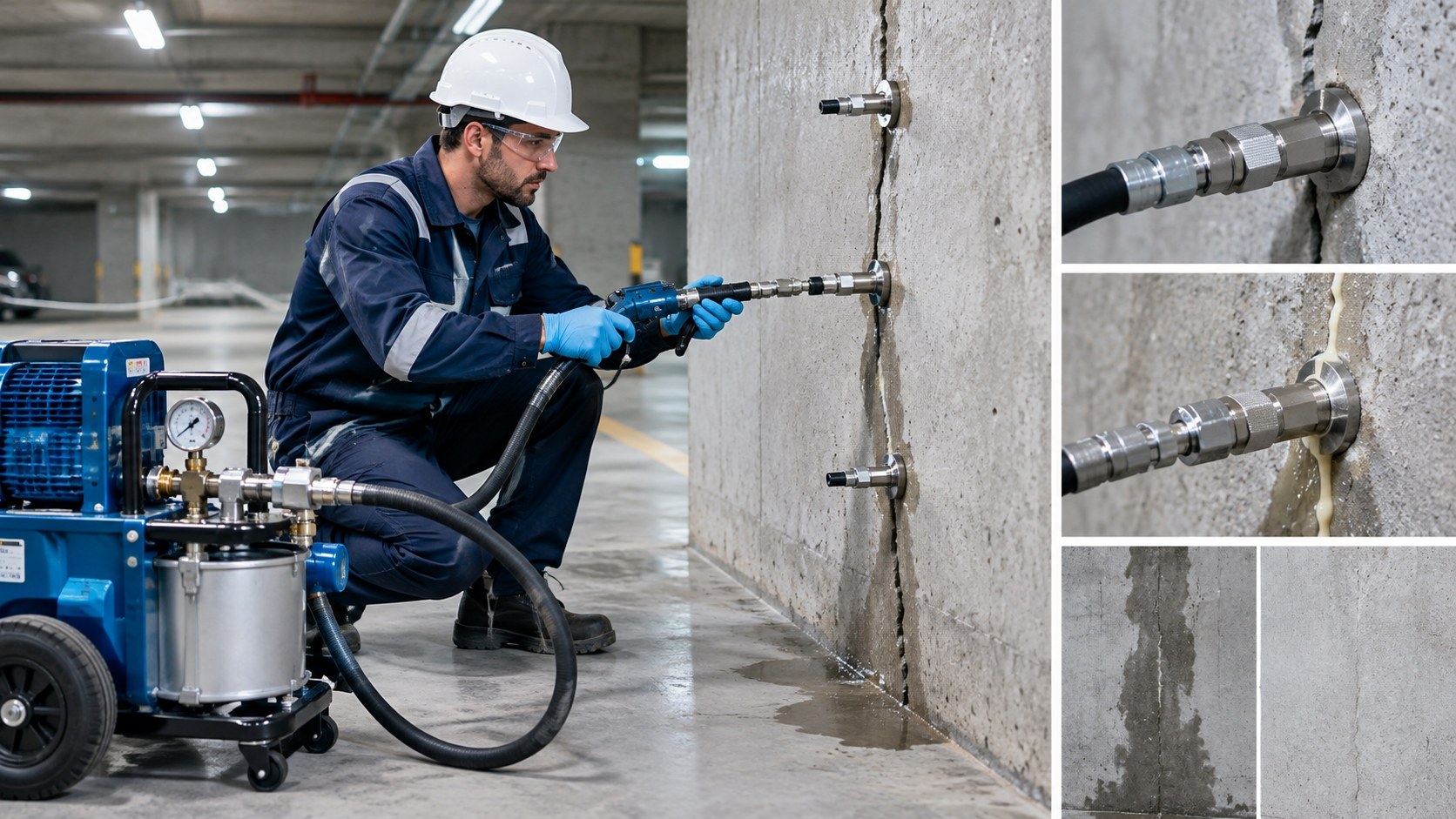 Polyurethane grout being pressure-injected into a structural crack