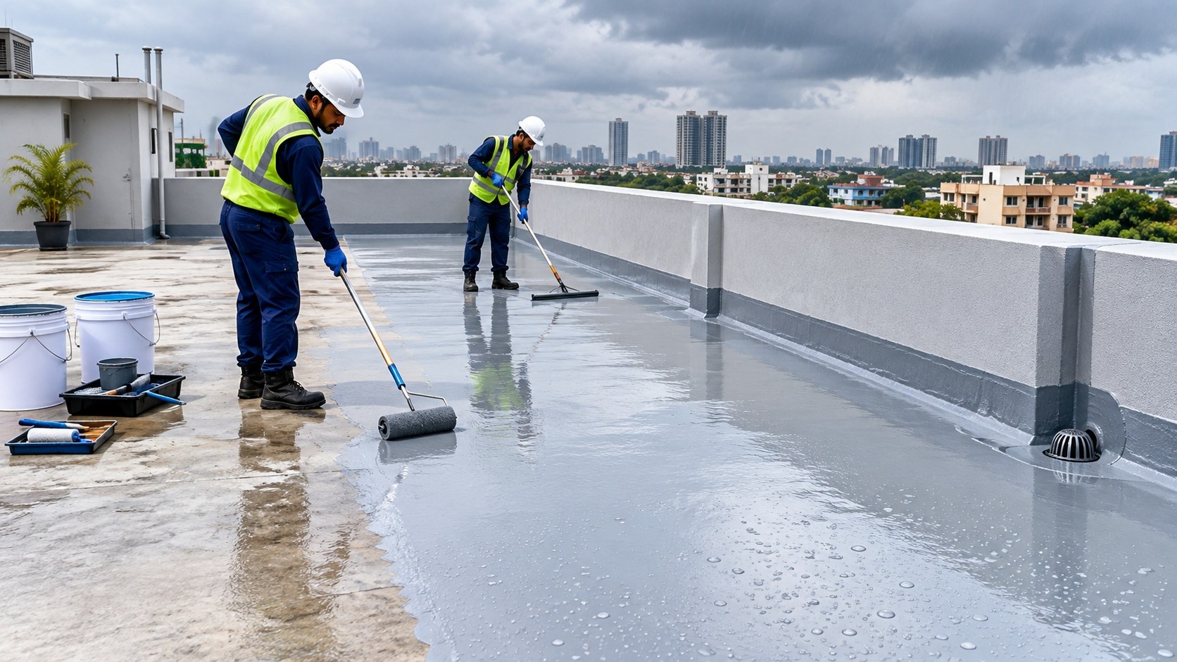 Terrace waterproofing coating being applied to a rooftop slab