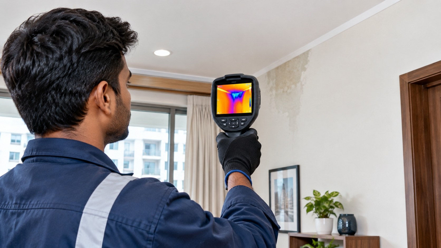 Technician scanning a wall with a thermal imaging camera to locate a hidden leak