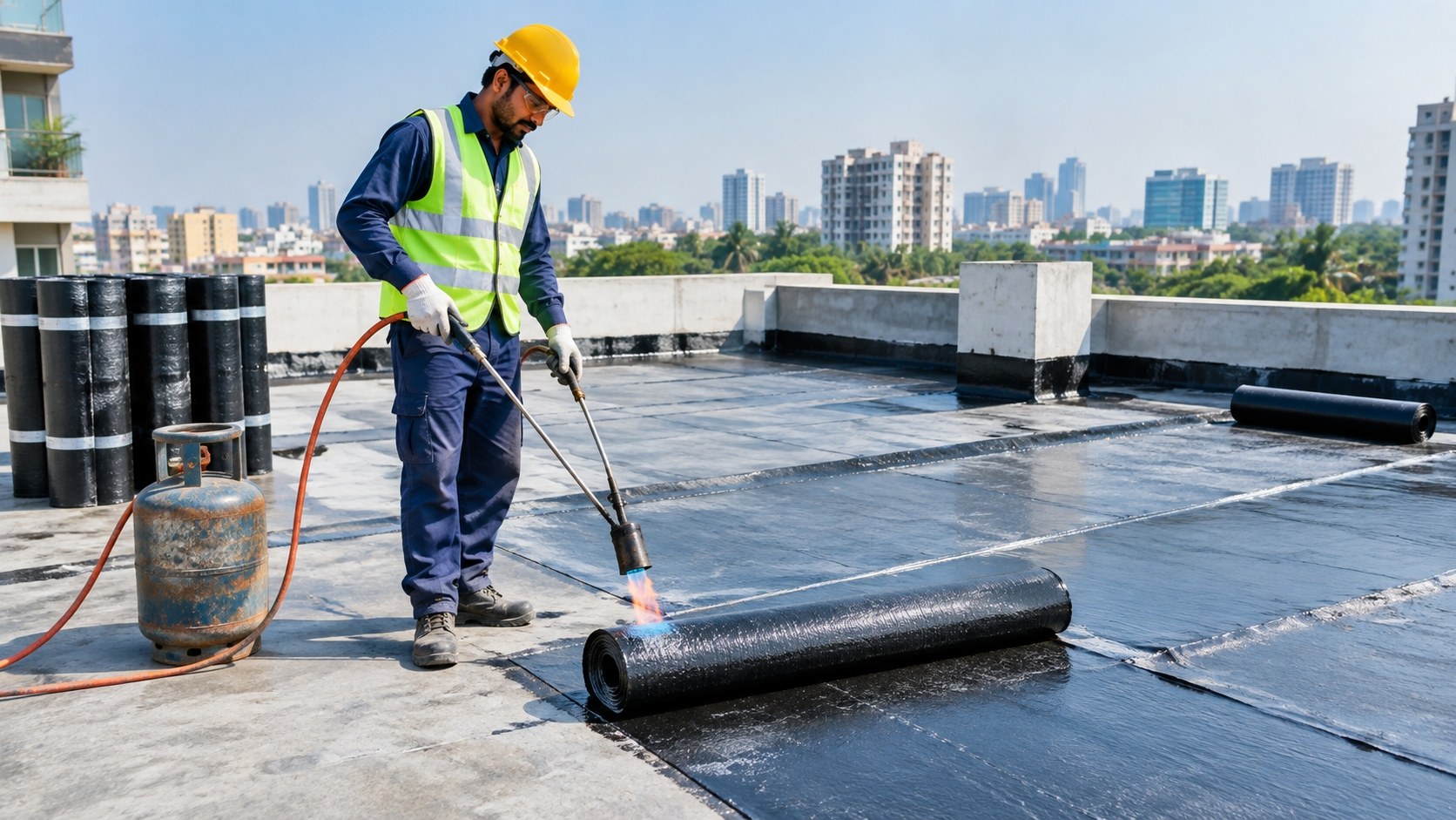 Aqua Shield technician torch-applying a bitumen waterproofing membrane on a Mumbai rooftop
